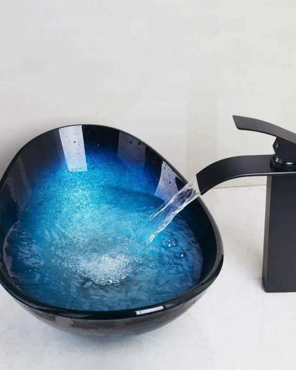 Luxurious Hand-Painted Glass Waterfall Basin Faucet Set in Stunning Blue
