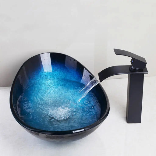 Hand-Painted Tempered Glass Waterfall Faucet Set with Blue Basin