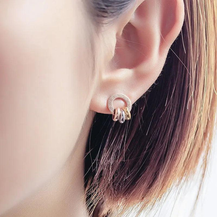 Chic Rose Gold Stainless Steel Stud Earrings with Roman Numeral Design - A Timeless Gift for Her
