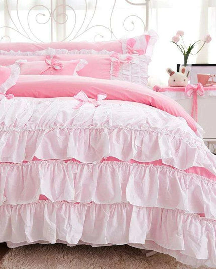 Elegant Korean Princess Pink Lace Bow Cotton Bedding Ensemble for a Stylish Sanctuary