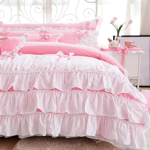 Korean Princess Pink Bow Cotton Bedding Set with Ruffles