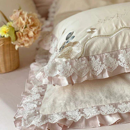 Luxurious Vintage French Floral Embroidered 1000TC Egyptian Cotton Bedding Collection with Ruffles - Duvet Cover, Bed Sheet & Pillowcases (4 Pieces)