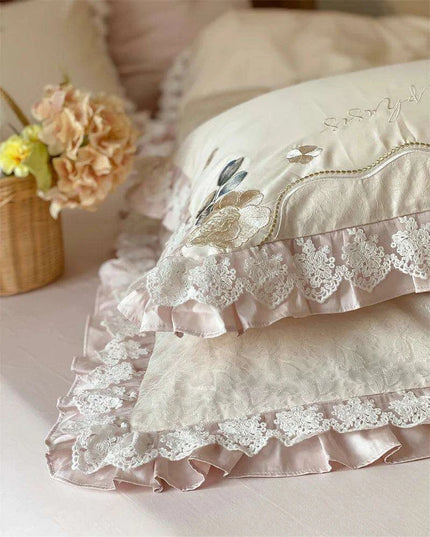 Luxurious Vintage French Floral Embroidered 1000TC Egyptian Cotton Bedding Collection with Ruffles - Duvet Cover, Bed Sheet & Pillowcases (4 Pieces)