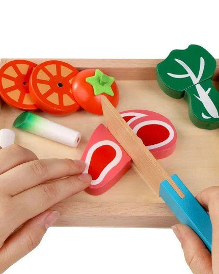 Montessori Wooden Kitchen Playset - Interactive Pretend Cooking Toy with Fruit & Vegetable Cutting Set for Children