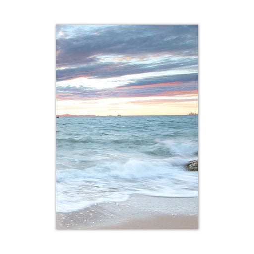 Blue Coastal Seascape Canvas Painting Poster - Waves and Beach Wall Art Print
