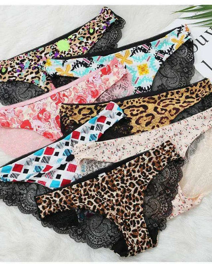 Women’s Leopard Print Lace Trim Seamless Cotton Panties - Breathable Ice Silk Lingerie