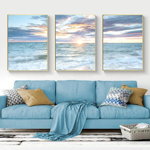 Blue Coastal Seascape Canvas Painting Poster - Waves and Beach Wall Art Print