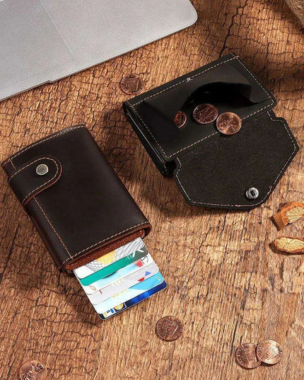 RFID Blocking Crazy Horse Leather Men's Card Wallet with Push-Button Ejection and Money Clip