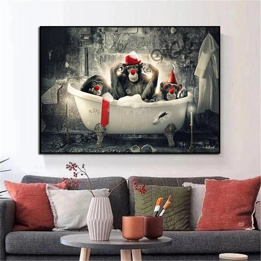 Cheerful Monkeys' Bathtime Fun Wall Art for a Whimsical Bathroom Decor