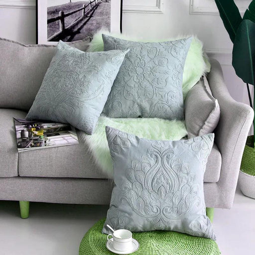 Embroidered Green Floral Cotton Cushion Cover - 50x50cm Decorative Throw for Sofa and Armchair