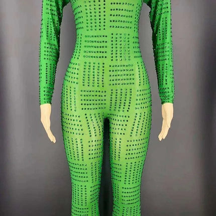 Emerald Diva Rhinestone Showstopper Set: Green Long Coat & Bodycon Jumpsuit for Female Performers