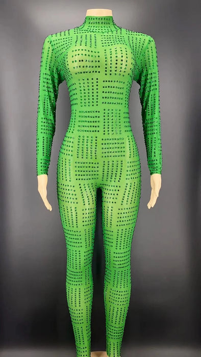 Green Rhinestone Adorned Stage Performance Set with Long Coat and Bodycon Jumpsuit for Women