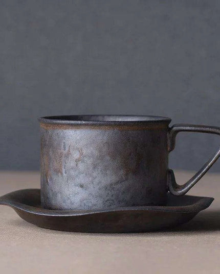 Vintage Japanese-Inspired Stoneware Coffee Mug Set with Elegant Serving Tray