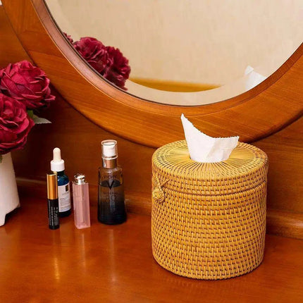 Chic Rattan Tissue and Toilet Paper Storage Box with Lid for Home and Office Use