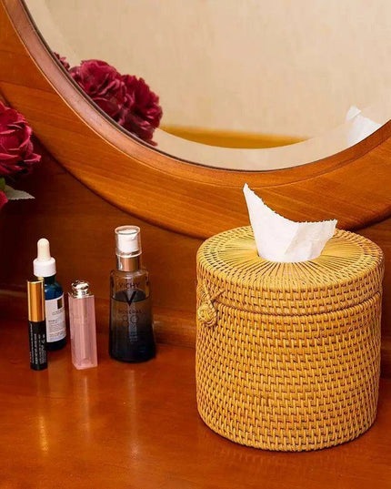 Chic Rattan Tissue and Toilet Paper Storage Box with Lid for Home and Office Use