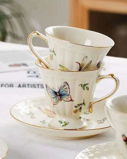 Charming Vintage Butterfly Tea and Coffee Set - Exquisite Porcelain and Bone China, Luxurious 800ml Pot with Matching Saucer