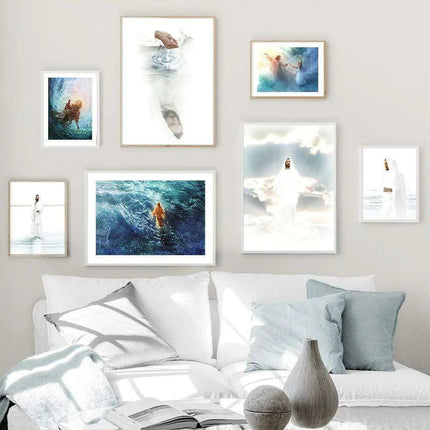 Divine Coastal Serenity: Christ Jesus Nordic Canvas Art for Spiritual Spaces