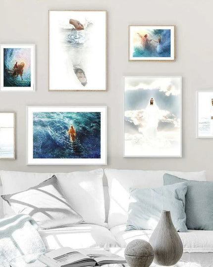 Divine Coastal Serenity: Christ Jesus Nordic Canvas Art for Spiritual Spaces