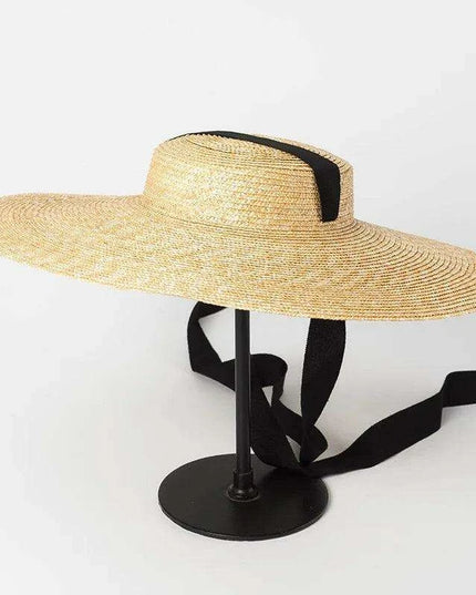 Stylish Wide Brim Straw Hat with Ribbon Tie for Women - 15cm Beach Cap in White and Black