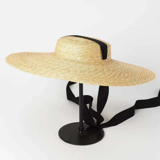 Stylish Wide Brim Straw Hat with Ribbon Tie for Women - 15cm Beach Cap in White and Black