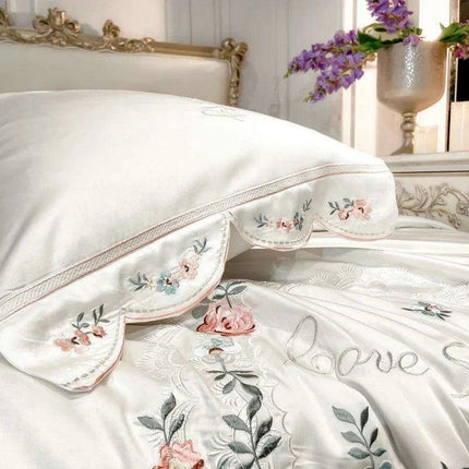 Chic Floral Embroidered Eucalyptus Fiber Bedding Collection - Available in Queen & King Sizes, Includes Duvet Cover, Sheets & Pillowcases
