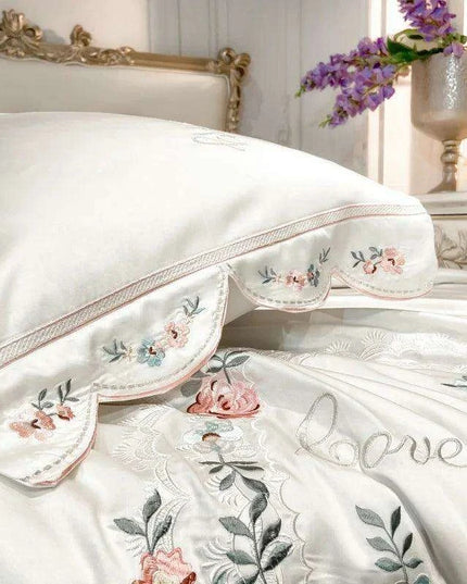 Chic Floral Embroidered Eucalyptus Fiber Bedding Collection - Available in Queen & King Sizes, Includes Duvet Cover, Sheets & Pillowcases