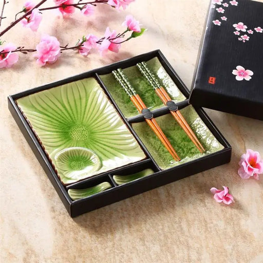 Japanese Artisanal Ice Crack Ceramic Dining Set - Sushi Plates, Dishes, and Chopsticks