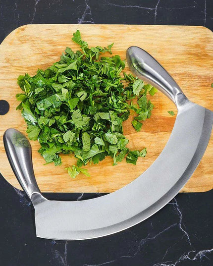 8.5-Inch Multi-Functional Stainless Steel Mezzaluna Knife for Effortless Chopping of Herbs, Vegetables, and More