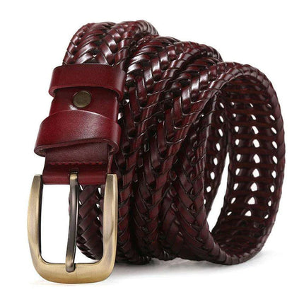 Men's Elegant Gold Buckle Braided Genuine Leather Belt