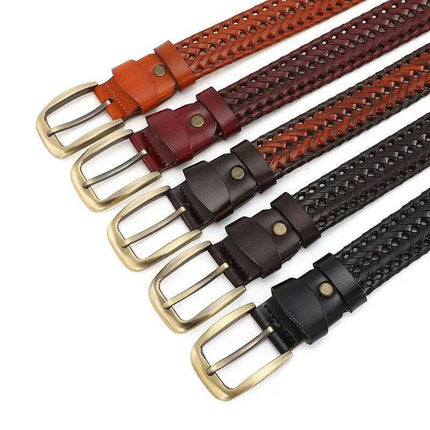 Men's Elegant Gold Buckle Braided Genuine Leather Belt