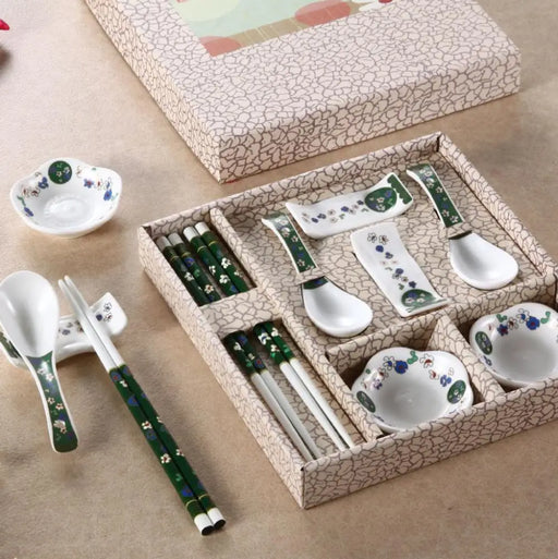 Chinese Ceramic Dining Set with Elegant Chopsticks, Holders, and Dragon Sushi Gift Box