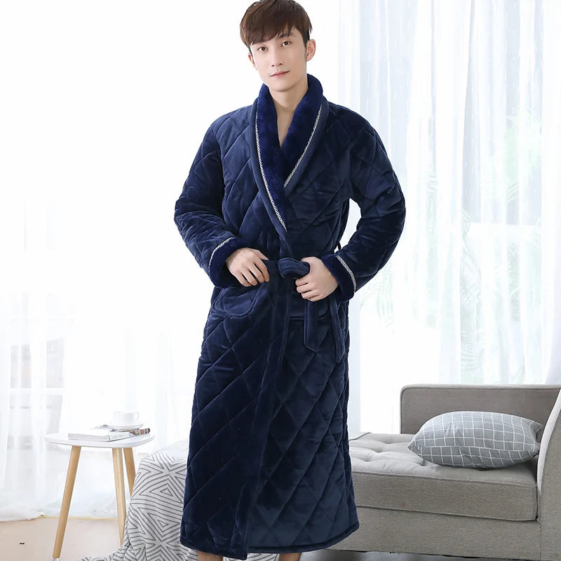 Winter Long Robe For Male Three Layers Quilted Bathrobe Thick Flannel Sleepwear Big Yards XXXL Kimono Bathrobes Mens Warm Lounge