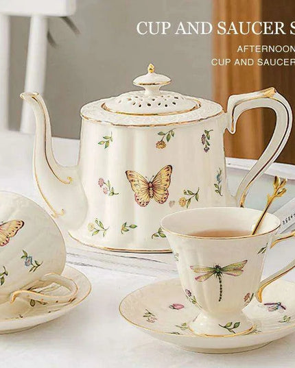 Charming Vintage Butterfly Tea and Coffee Set - Exquisite Porcelain and Bone China, Luxurious 800ml Pot with Matching Saucer