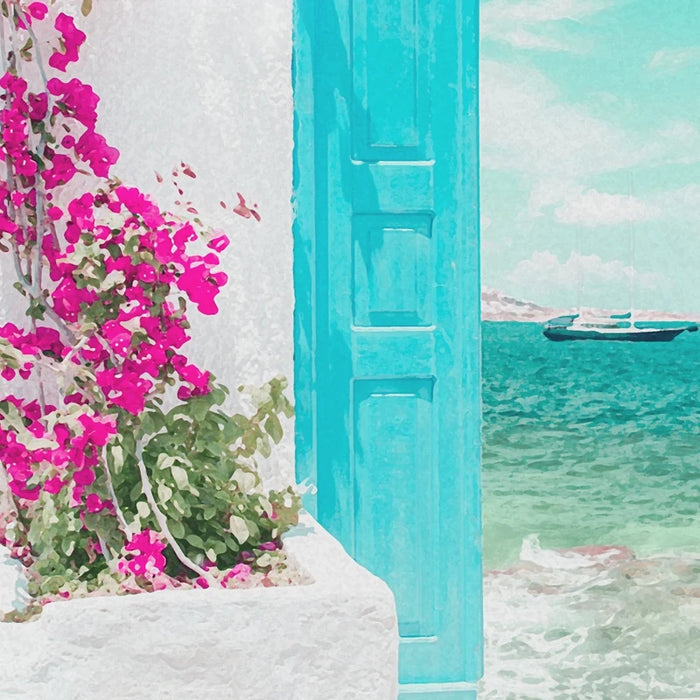 Elegant Santorini Blue Gate Watercolor Coastal Canvas Art - Stunning Home Accessories