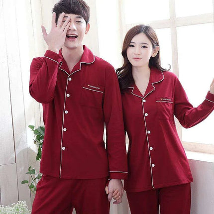 Cozy Autumn Couples Cotton Pajama Set - Stylish Long-sleeve Sleepwear for Him and Her