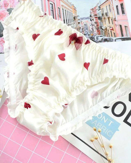 Charming Ruffled Satin Heart Print Panties for Women - Delightfully Cute Seamless Underwear