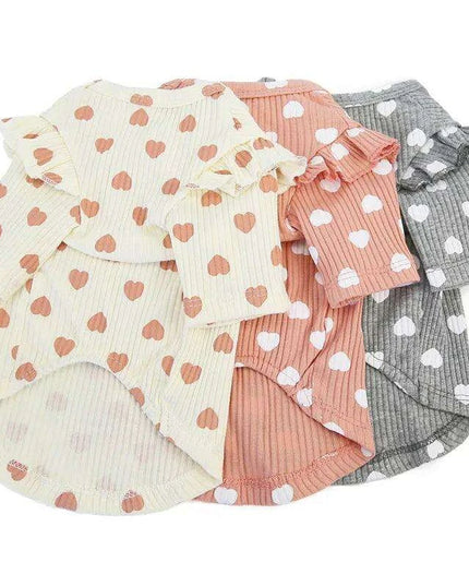 Adorable Heart-Printed Small Dog Hoodie - Soft Cotton in Pink, Beige, and Gray