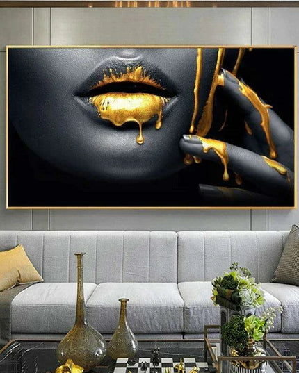 Stunning Golden Lips Canvas Art - Bold Tribute to Black Women for Chic Home Decor