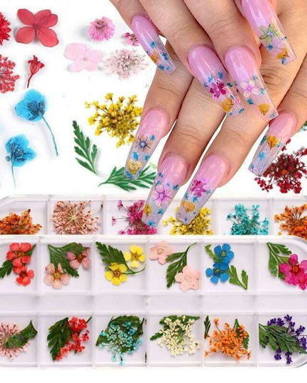 Botanical Beauty Nail Art Set with Dried Floral Accents and Sparkling Rhinestones