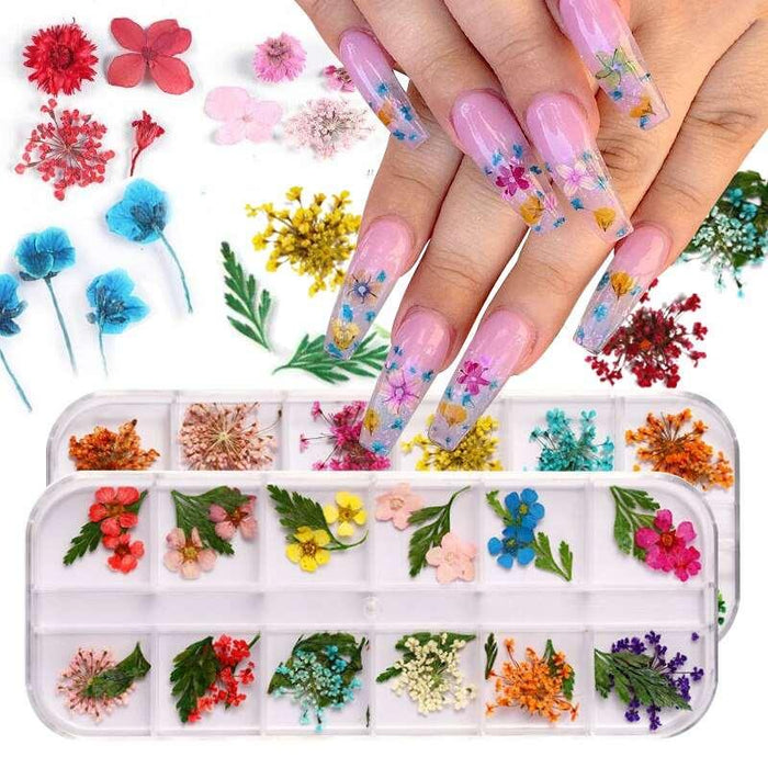 Nature-Inspired Nail Decorations with Real Dried Flowers and 3D Rhinestone Detail