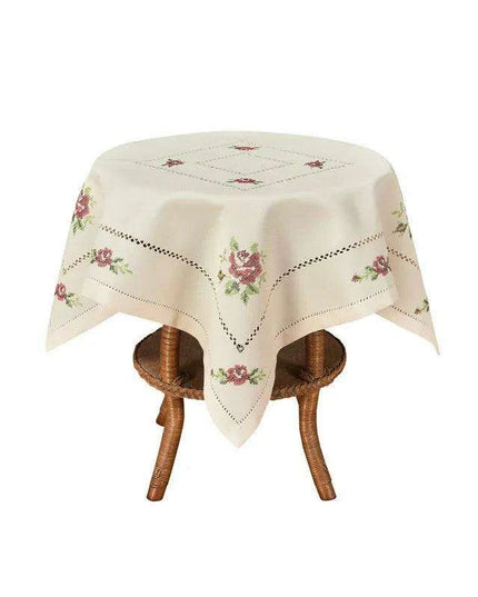 Romantic Rose Cross-Stitch Linen Table Runner & Cloth Set - White/Champagne