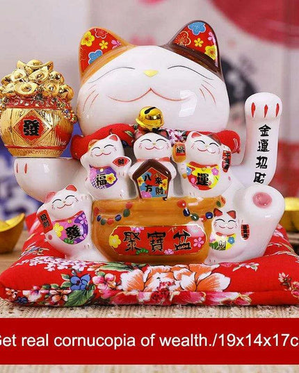 Ceramic 7.5-Inch Maneki Neko Cat Figurine with Swinging Arm for Attracting Abundance and Good Fortune