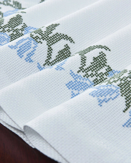 Elegant Blue Harebell Floral Embroidered Table Runner - Luxurious Cotton Home Accent