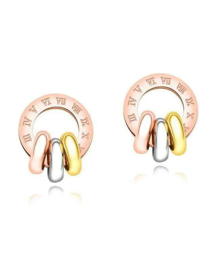 Chic Rose Gold Stainless Steel Stud Earrings with Roman Numeral Design - A Timeless Gift for Her