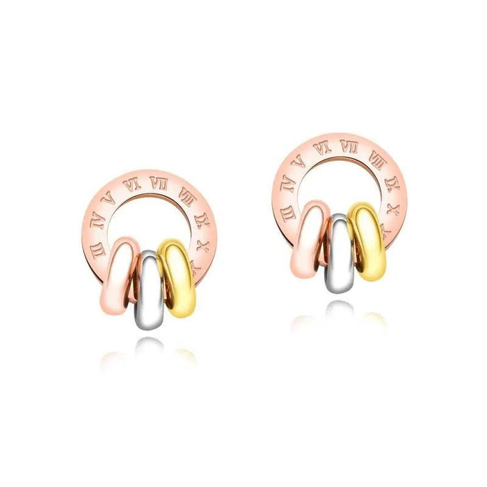 Chic Rose Gold Stainless Steel Stud Earrings with Roman Numeral Design - A Timeless Gift for Her