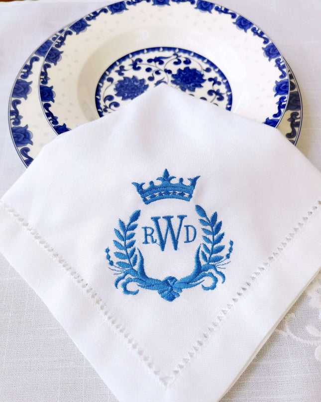 Personalized Regal Crown Linen Napkins - Elegant Wedding Table Decor Set