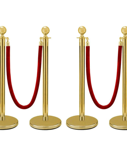 Elegant Gold Stainless Steel Stanchion Set with Red Velvet Rope & Secure Base for Event Management