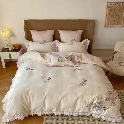 Luxurious Vintage French Floral Embroidered 1000TC Egyptian Cotton Bedding Collection with Ruffles - Duvet Cover, Bed Sheet & Pillowcases (4 Pieces)