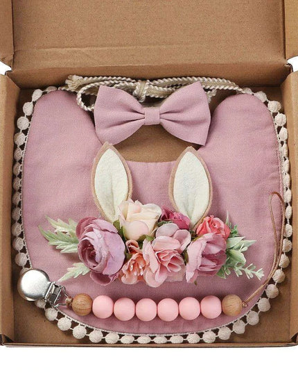 Chic Floral Baby Care Set: Bib, Headband, and Silicone Pacifier Clip in Festive Gift Box
