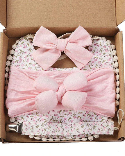 Chic Floral Baby Care Set: Bib, Headband, and Silicone Pacifier Clip in Festive Gift Box